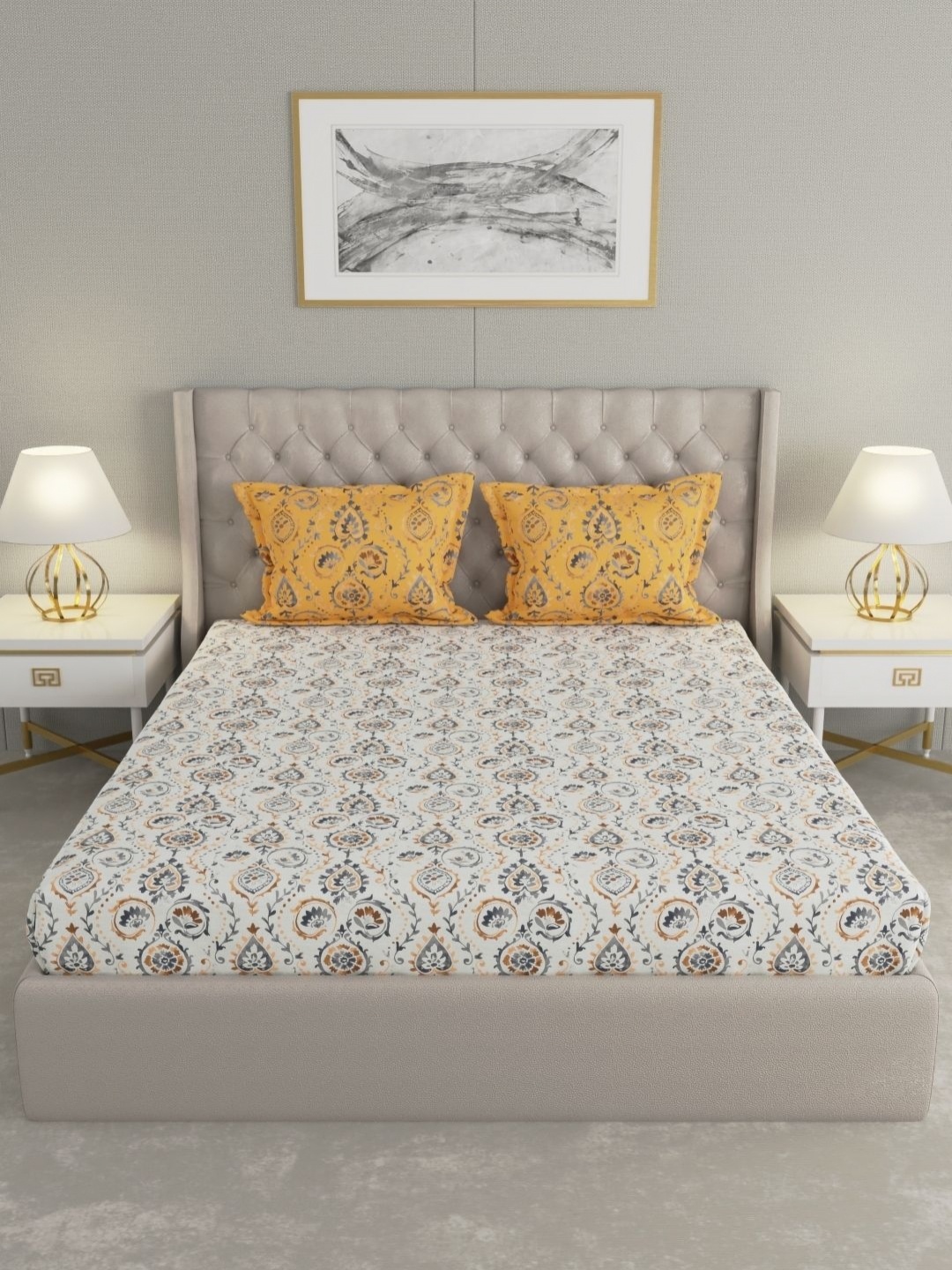 

Raymond Home Camphor Yellow Printed Cotton 144 TC Queen Bedsheet With 2 Pillow Covers