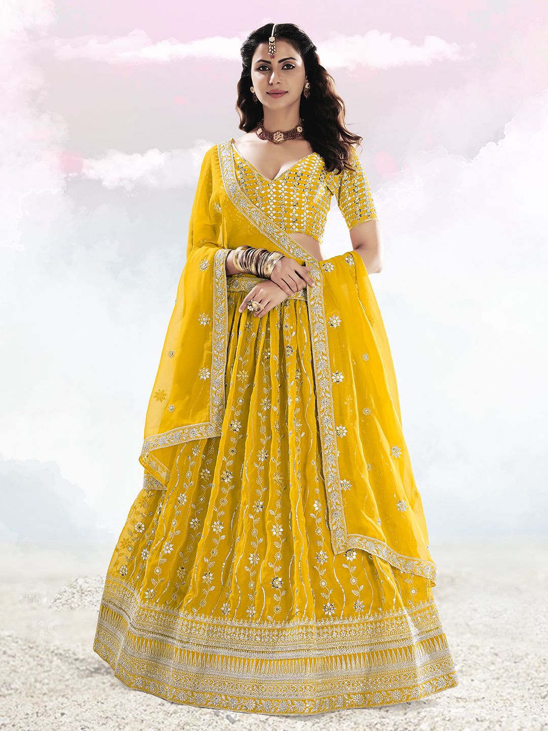 

Shee Star Embroidered Sequinned Semi-Stitched Lehenga & Unstitched Blouse With Dupatta, Yellow