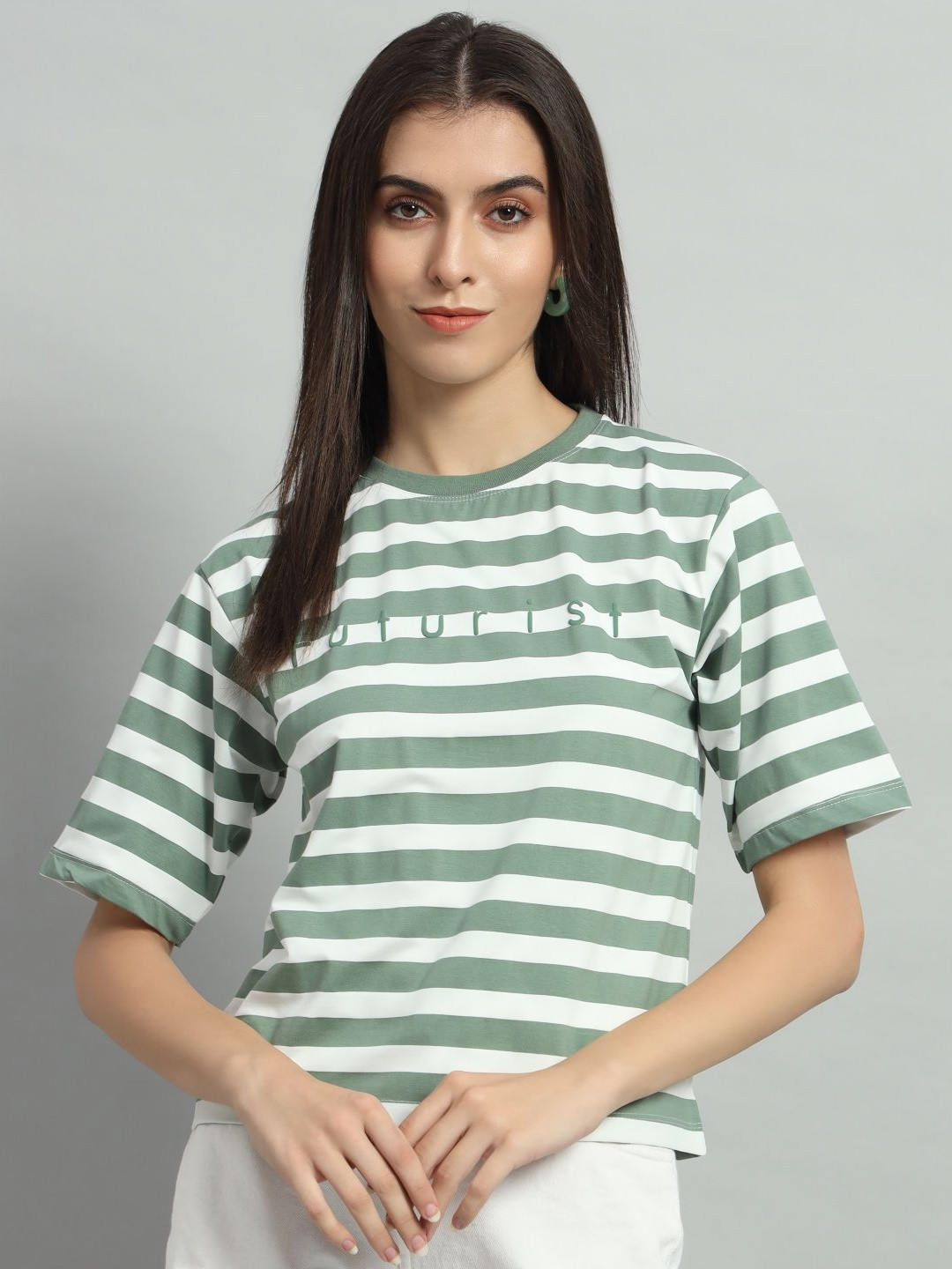 

AECK Women Striped Round Neck Cotton Relaxed Fit T-shirt, Green