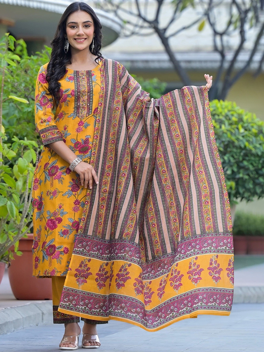 

AUTUMN LANE Ishani Floral Printed Sequinned Pure Cotton Kurta with Trousers & Dupatta, Yellow