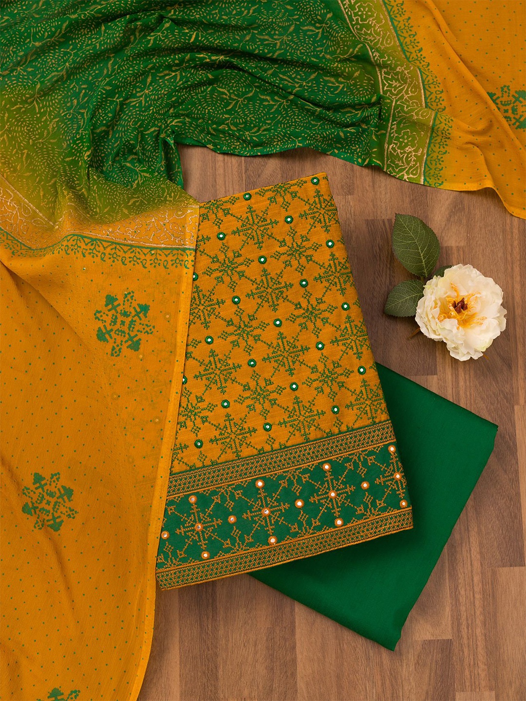 

Koskii Ethnic Motifs Embroidered Zari And Mirror Work Unstitched Dress Material, Yellow