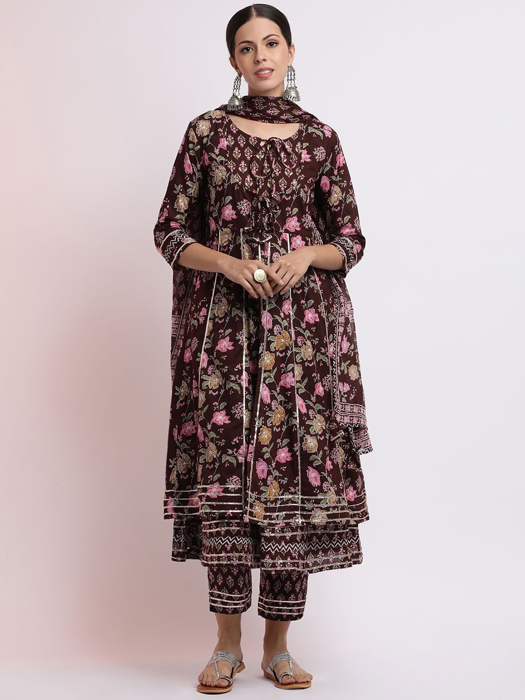 

Jaipur Kurti Brown Floral Printed Pure Cotton Anarkali Kurta with Trousers & Dupatta