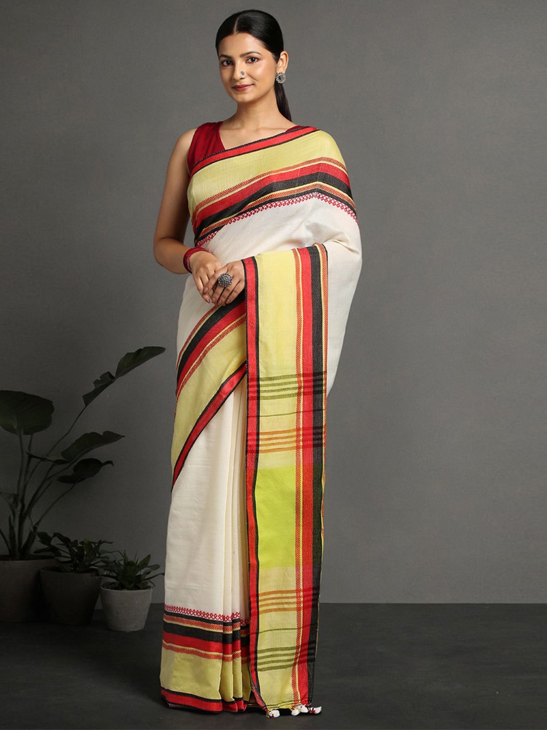 

ArtEastri Striped Pure Cotton Saree, White