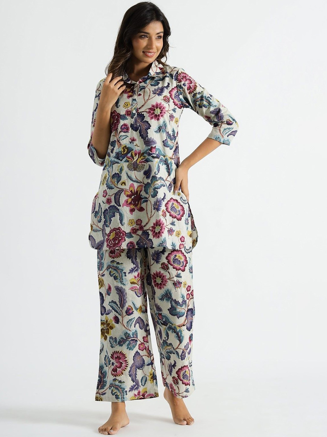 

AUTUMN LANE Printed Pure Cotton Tunic With Trouser, White