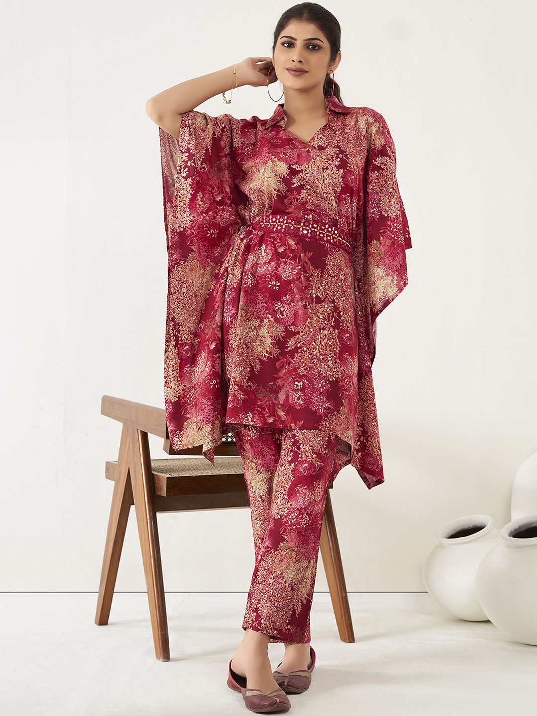 

Anouk Printed Kaftan & Trousers With Belt, Red