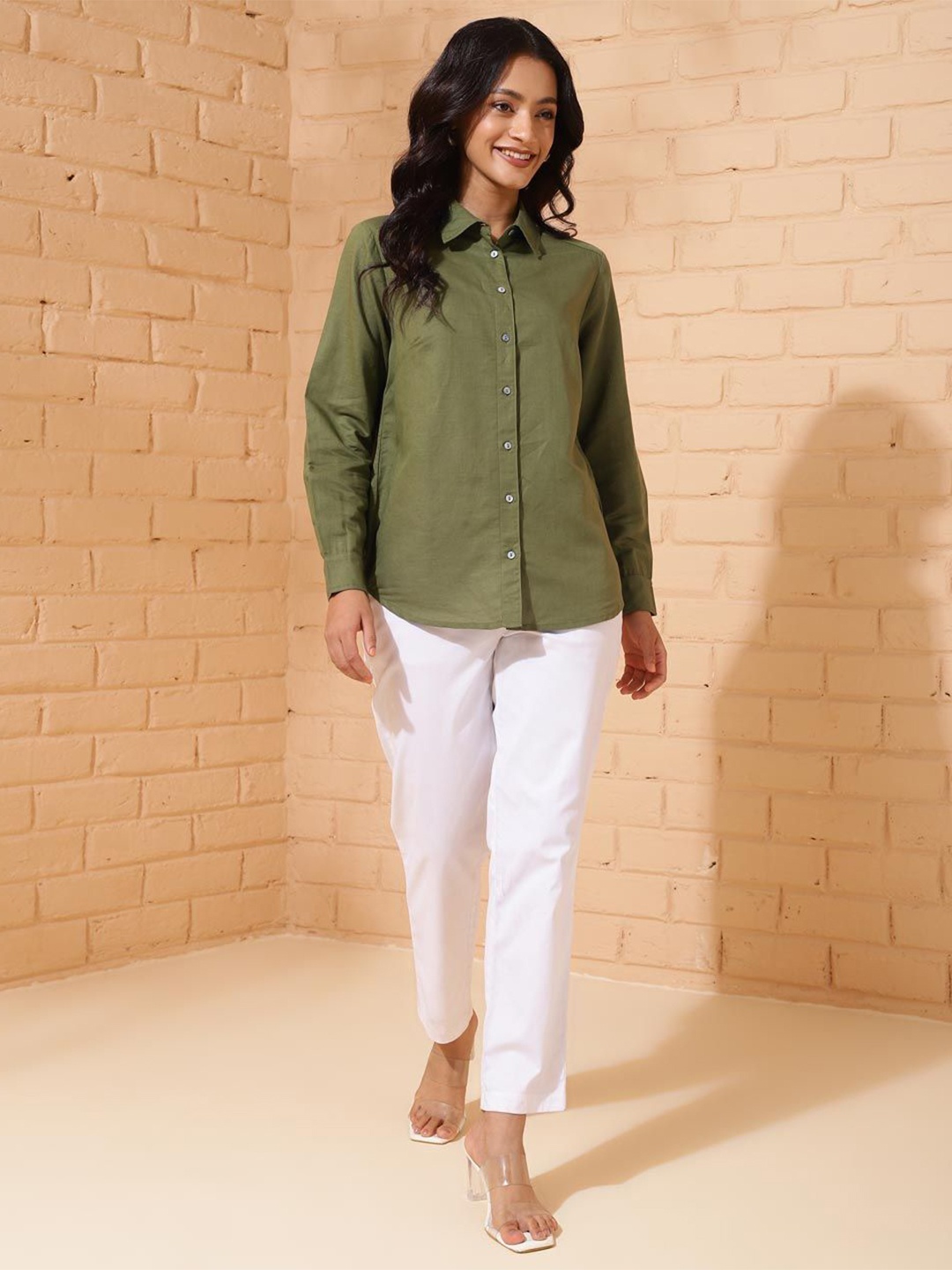 

Fabindia Women Spread Collar Solid Cotton Linen Casual Shirt, Green