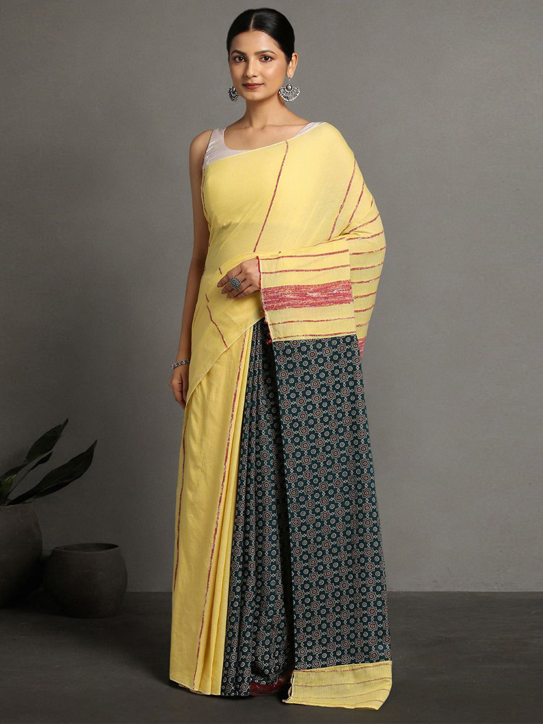 

ArtEastri Ajrak Print Khesh Cotton Saree with Blouse Piece, Yellow
