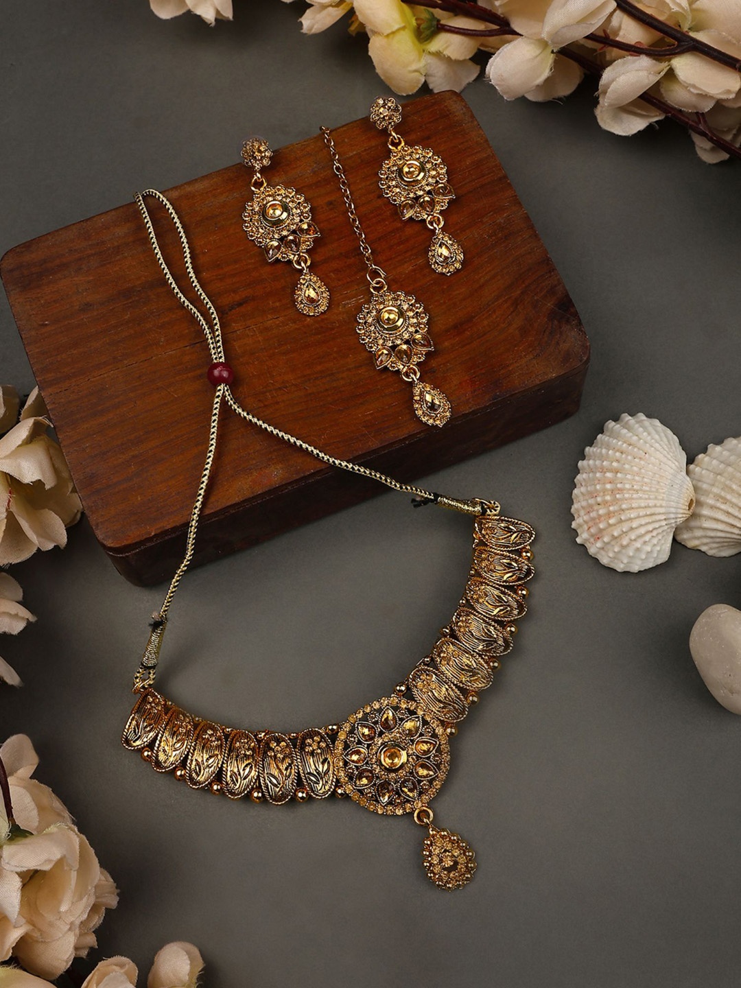 

ANIKAS CREATION Gold-Plated CZ-Studded Necklace & Earrings With Maang Tika