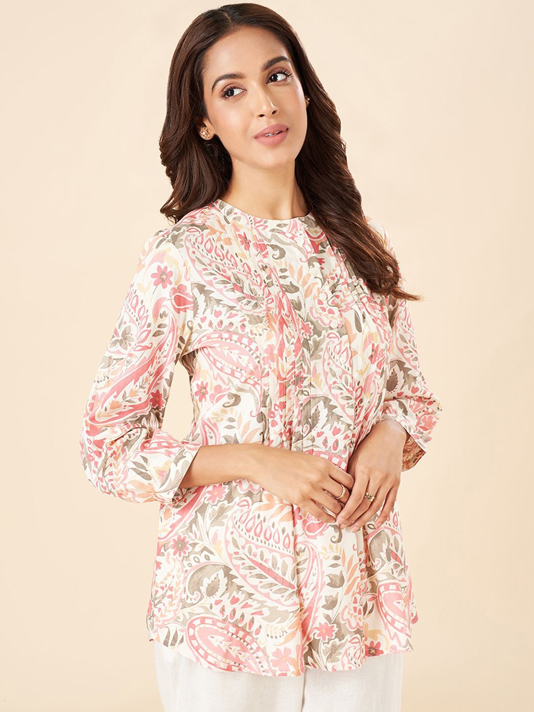 

AKKRITI BY PANTALOONS Modal Mandarin Collar Printed Tunic, Peach