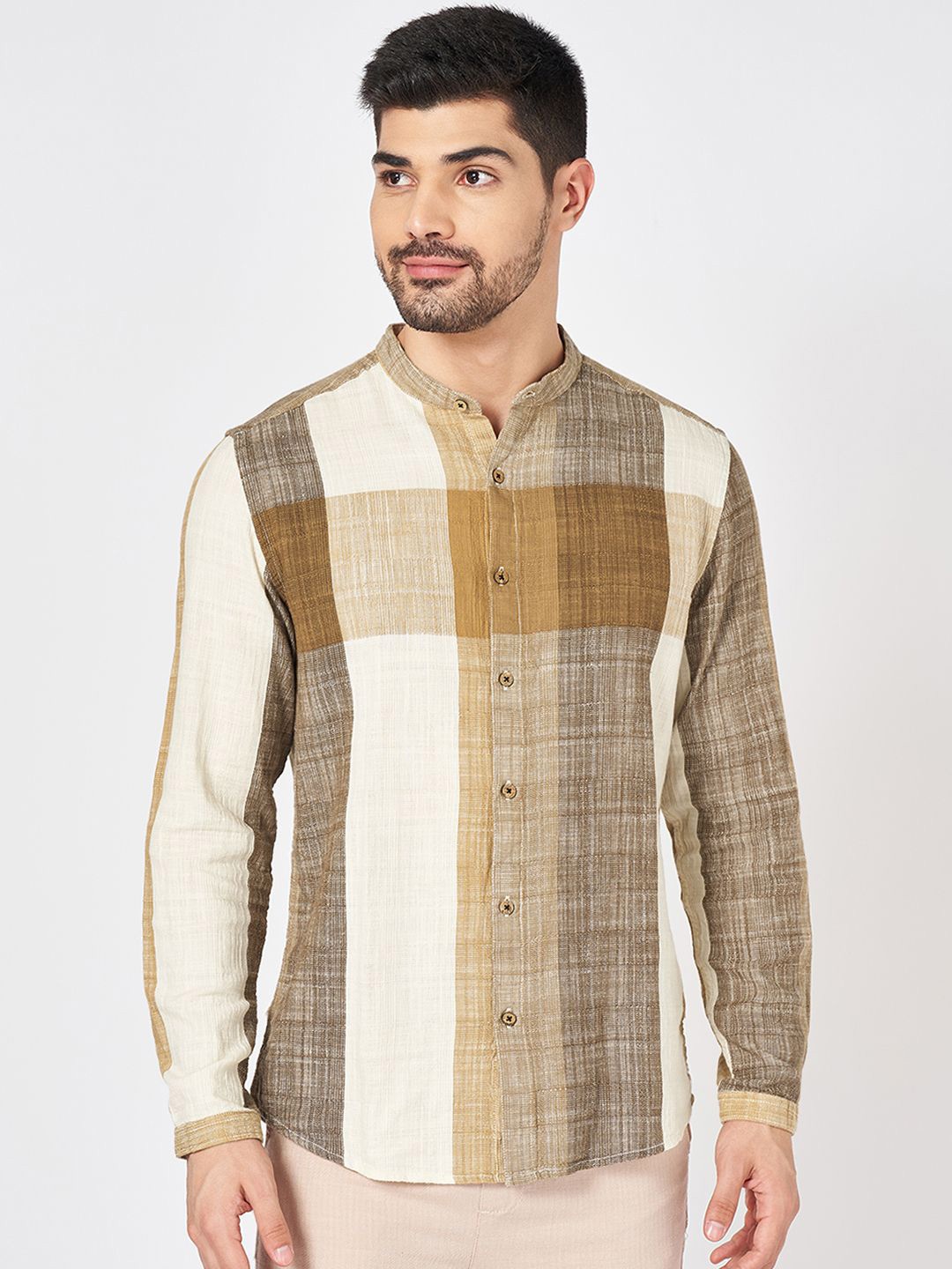 

7 Alt by Pantaloons Men Mandarin Collar Buffalo Checked Cotton Relaxed Fit Casual Shirt, Brown