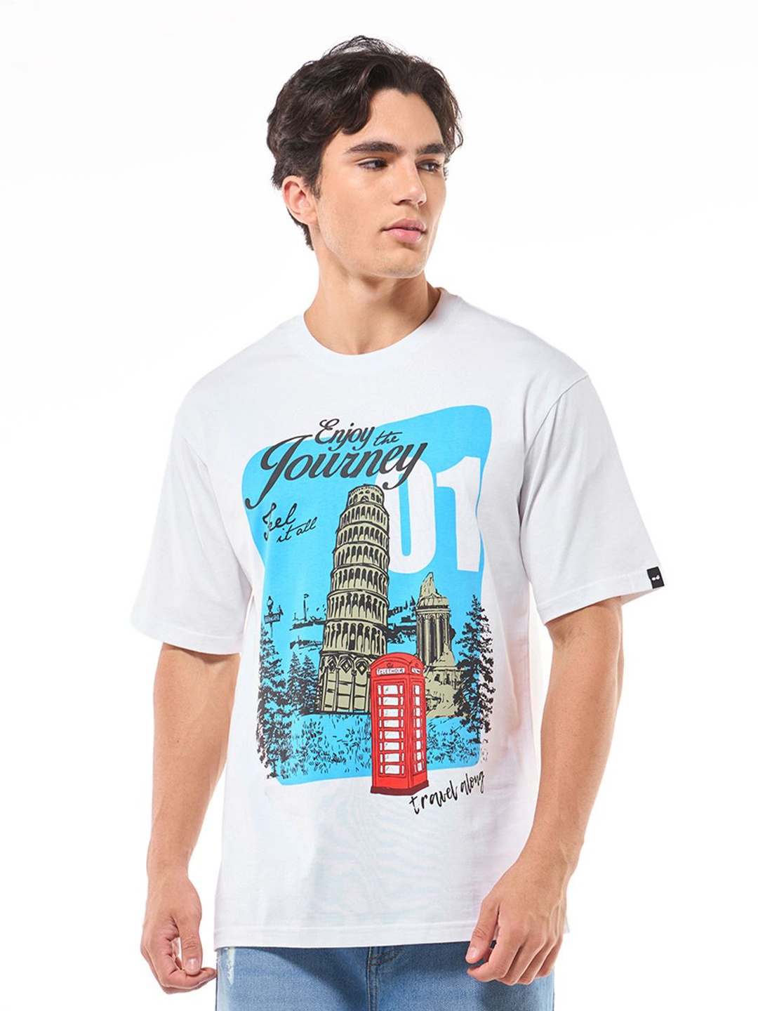 

Bewakoof Men Graphic Printed Round Neck Pure Cotton Oversized T-shirt, White
