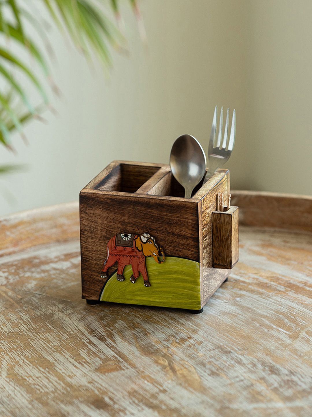 

ExclusiveLane Brown & Green Elephant Tales Printed Wooden Cutlery Holder