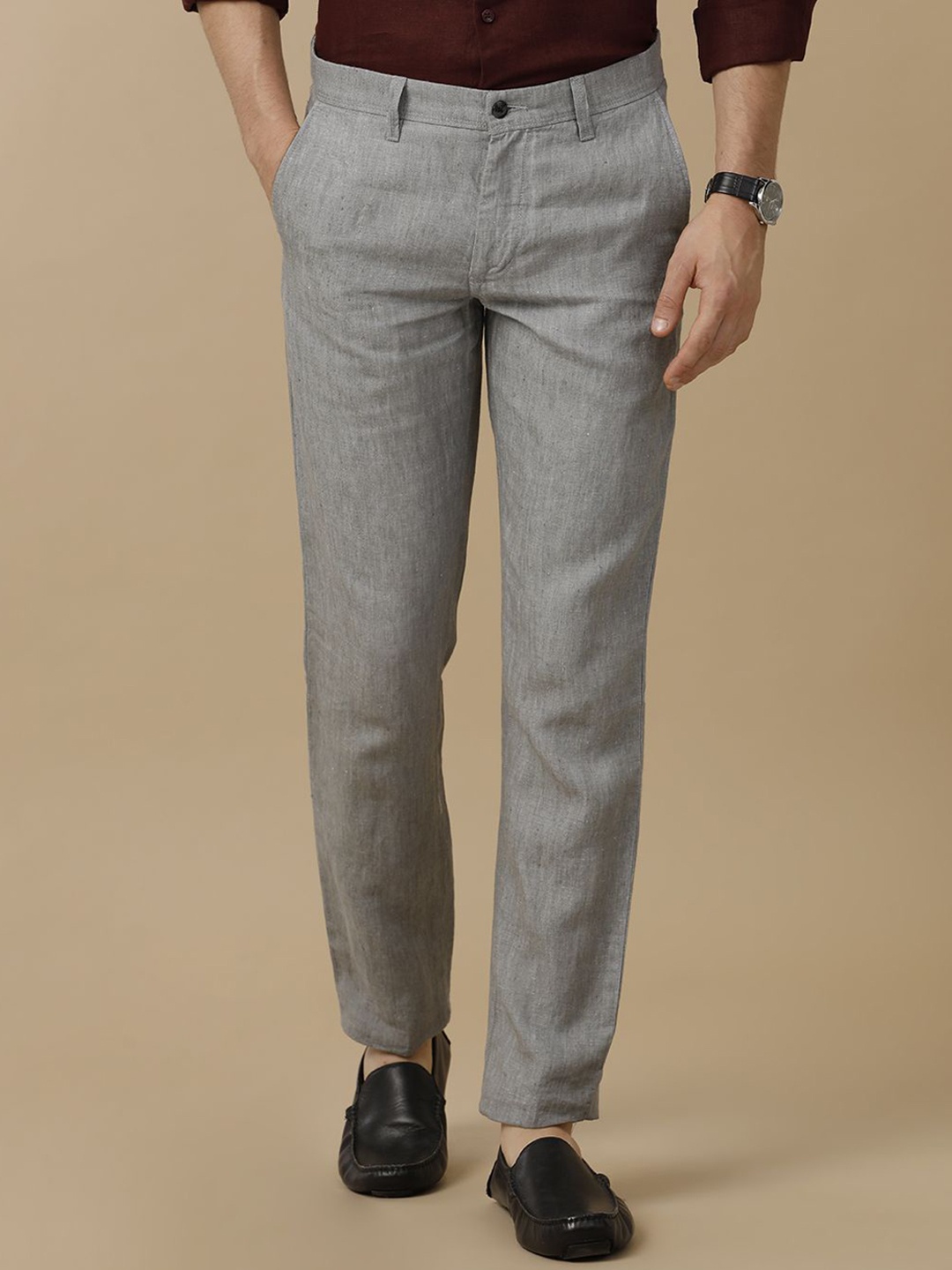 

Linen Club Men Striped Smart Slim Fit Easy Wash Trousers, Grey