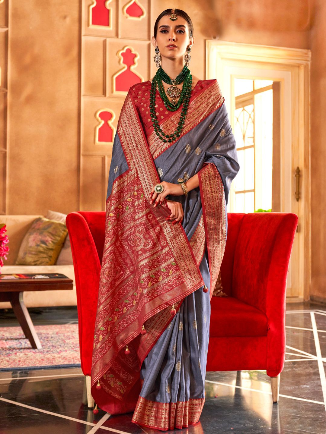

Mitera Woven Design Zari Patola Saree, Grey
