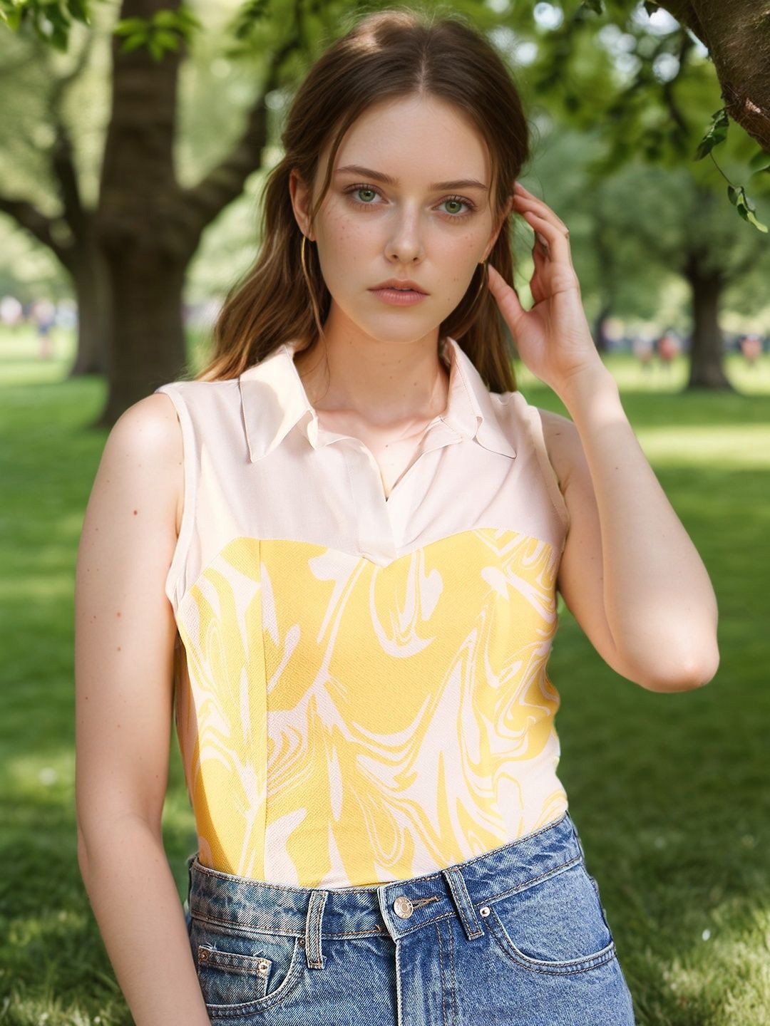 

ZYNG Women Abstract Printed Shirt Collar Top, Yellow