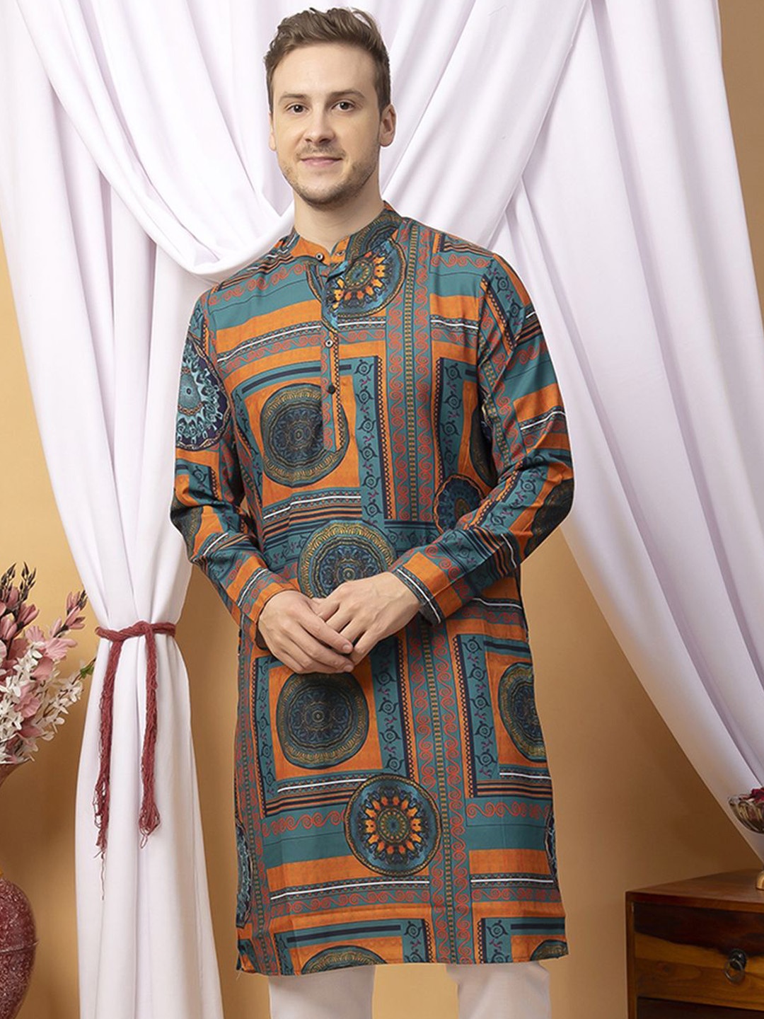 

Hangup Geometric Printed Mandarin Collar Straight Kurta, Teal