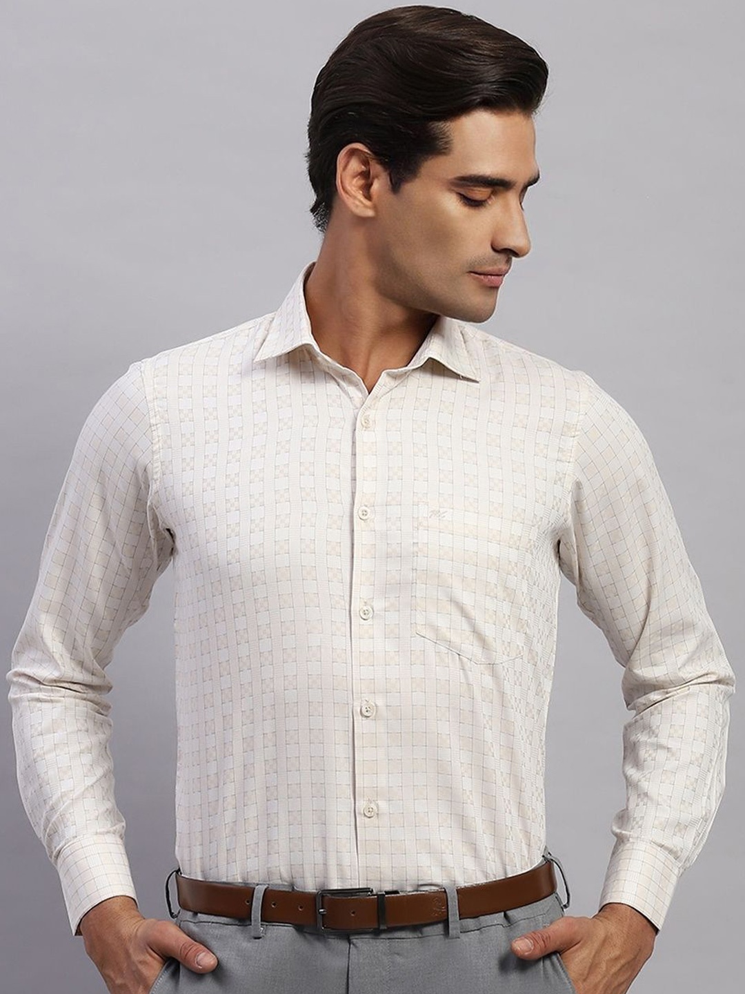 

Monte Carlo Men Spread Collar Grid Tattersall Checked Cotton Casual Shirt, Cream