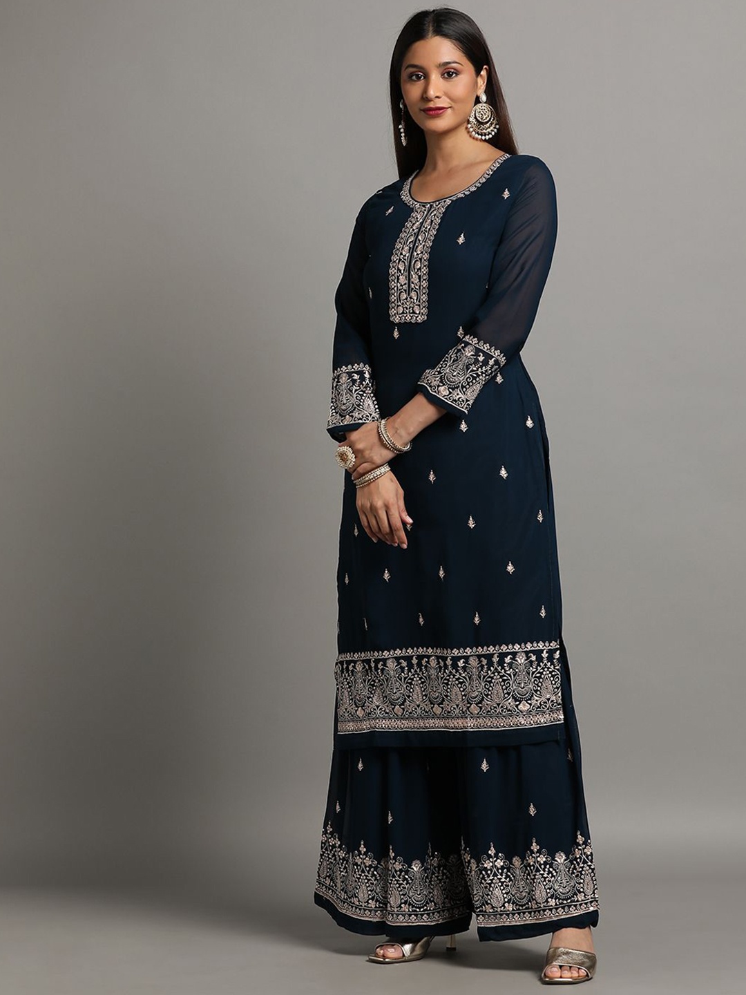 

Miss Ethnik Ethnic Motifs Embroidered Sequinned Straight Kurta with Sharara & Dupatta, Blue