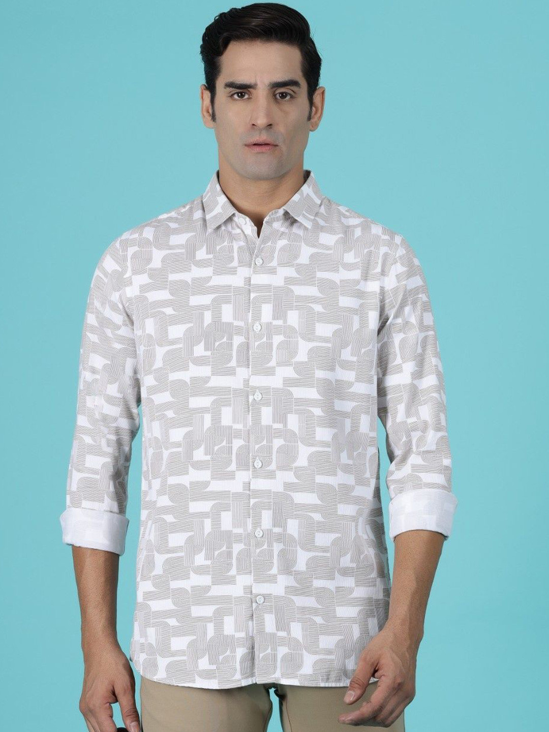 

Gavin Paris Men Original Spread Collar Geometric Printed Cotton Semiformal Shirt, Beige