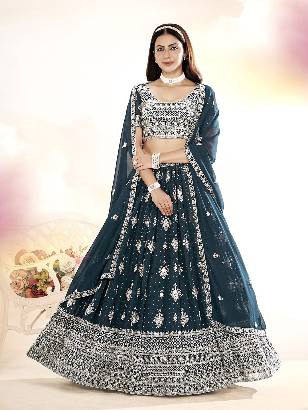 

Shee Star Embroidered Thread Work Semi-Stitched Lehenga & Unstitched Blouse With Dupatta, Teal
