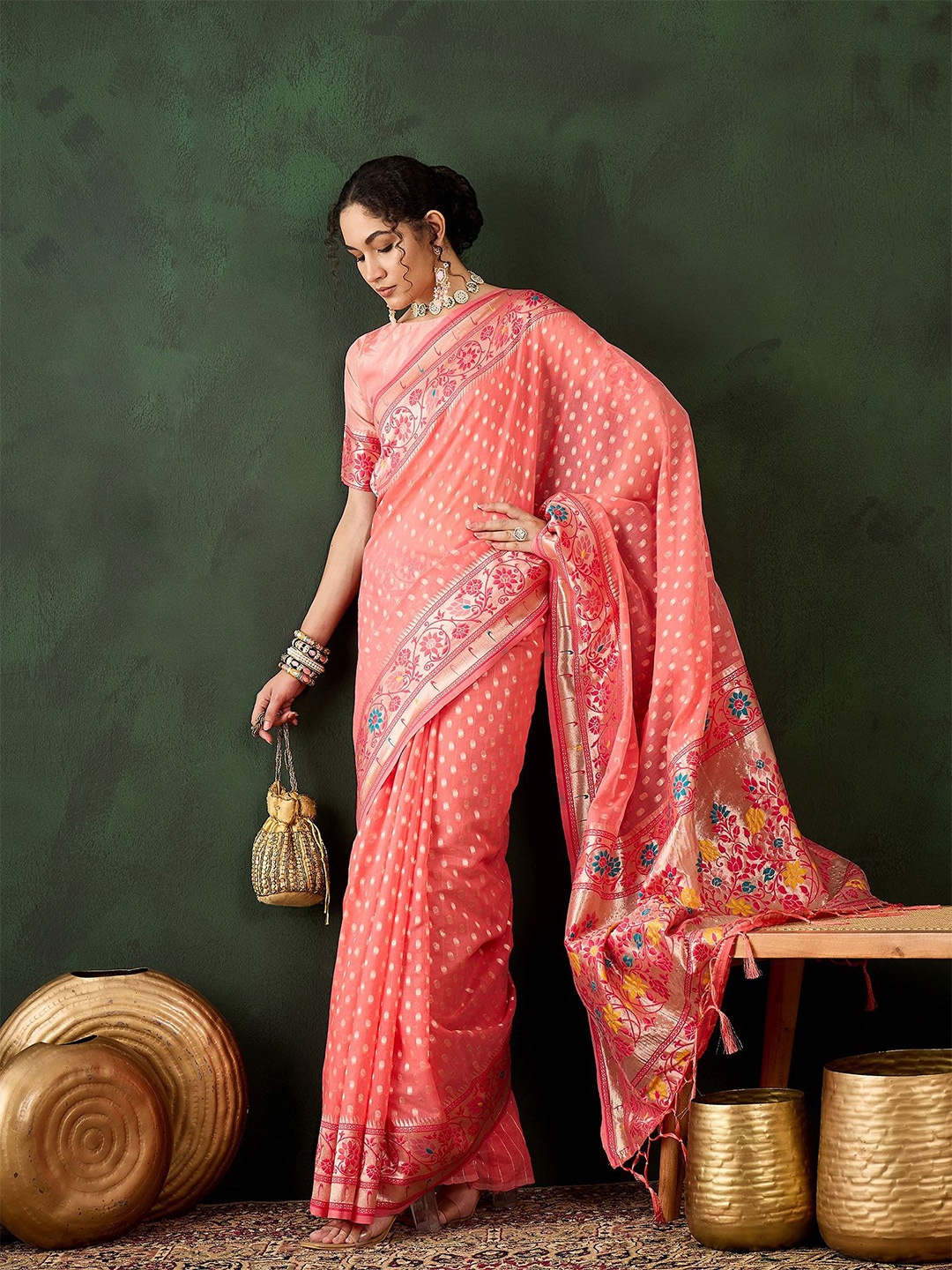 

Sangria Woven Design Banarasi Saree With Blouse Piece, Peach