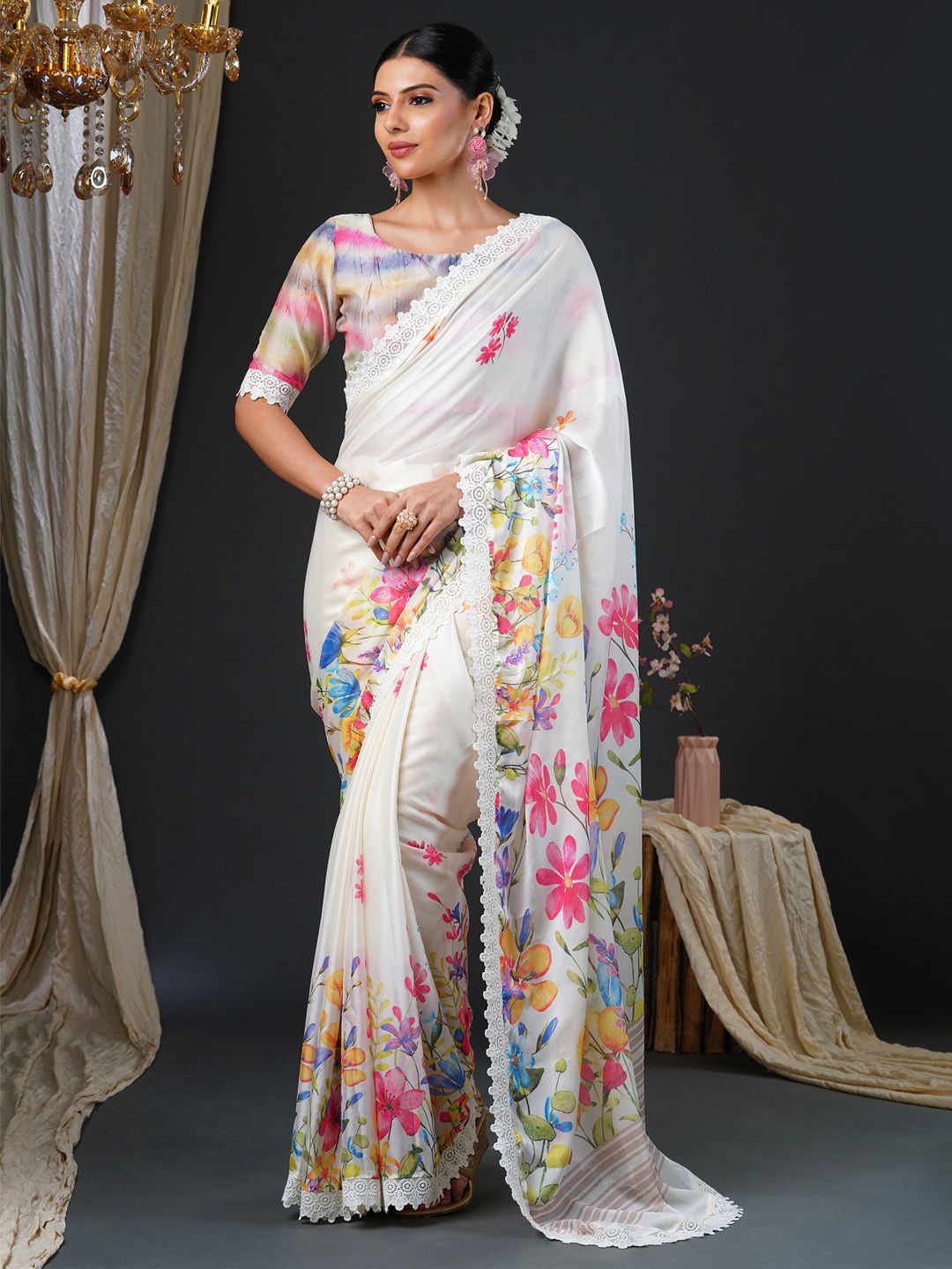 

Anouk Floral Printed Embroidered Saree, Off white