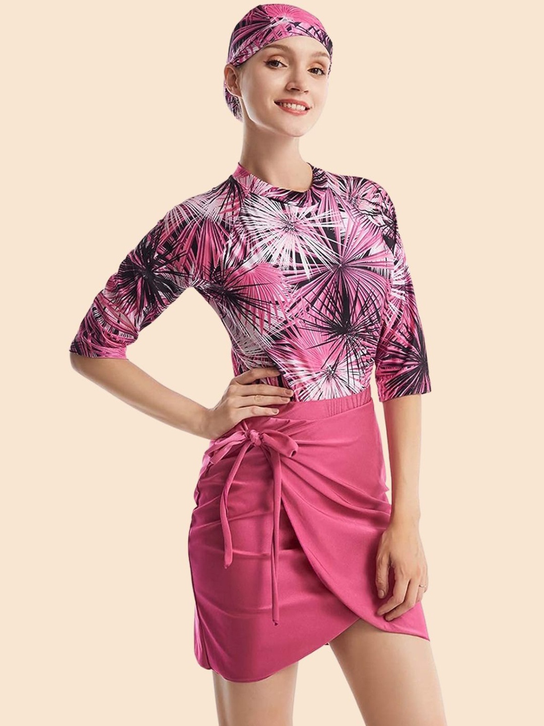 

WomanLikeU Women Printed Swimwear Cover Up Set With Cap, Pink