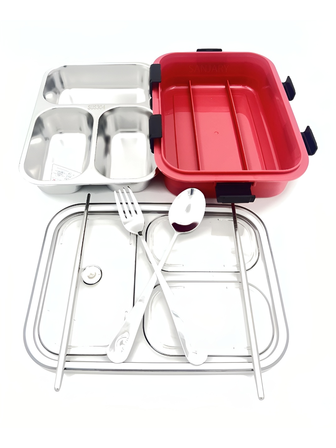 

NeonateCare Red 3 Grid Stainless Steel Lunch Box With Spoon Fork & Separate Bowl