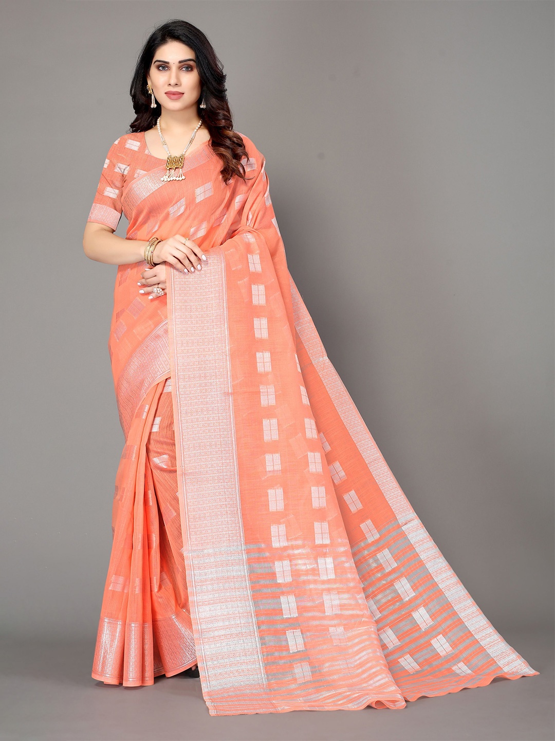 

VIRICA Woven Design Zari Poly Silk Banarasi Saree, Peach