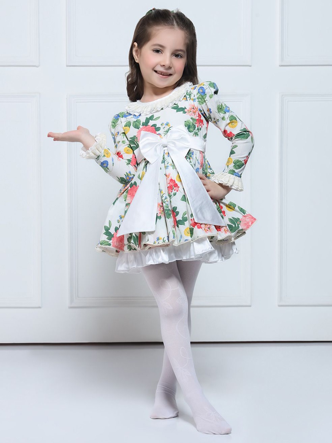 

THE PONY & PEONY CO. Girls Floral Printed Bow Detail Fit & Flare Dress, White