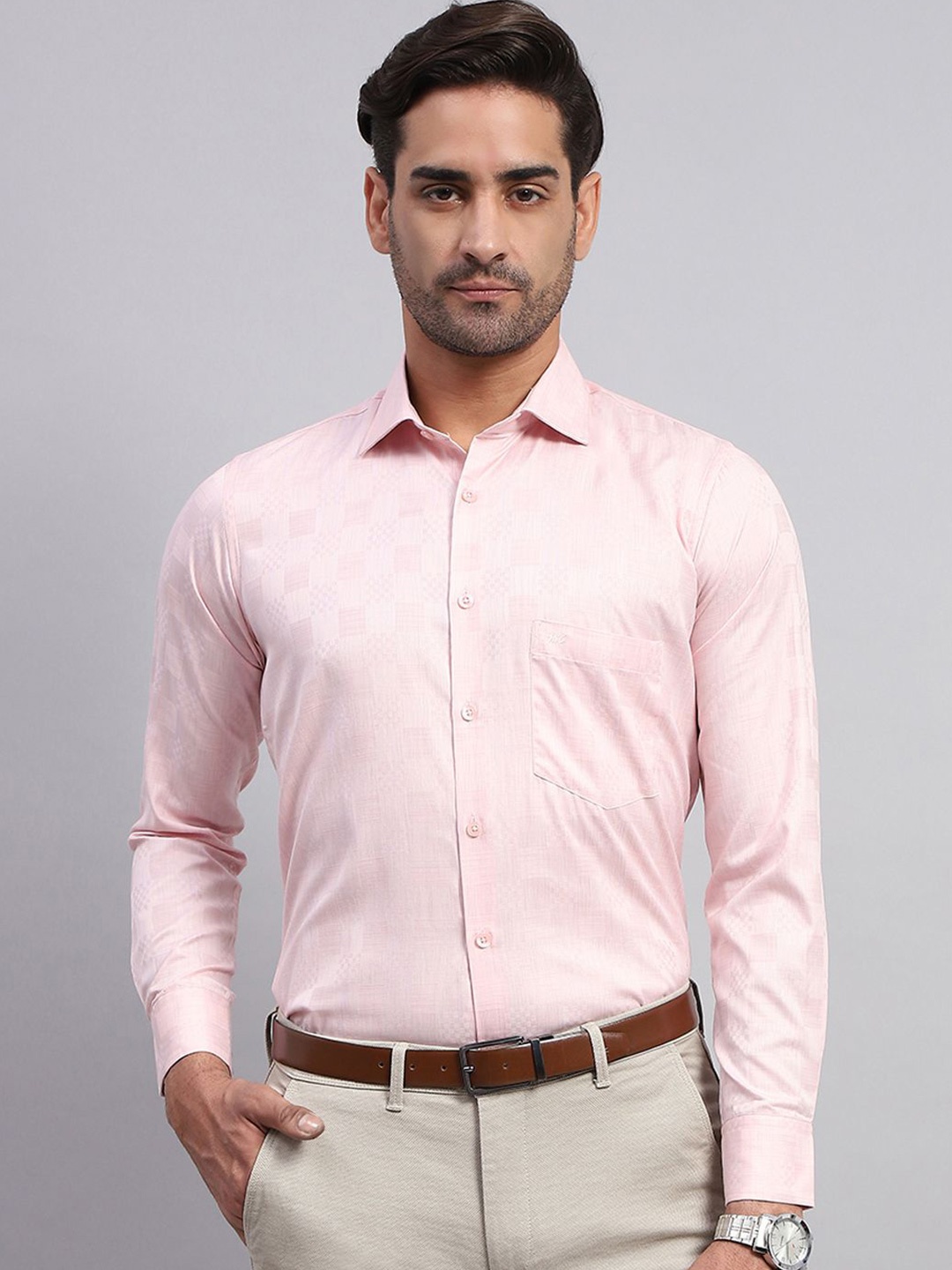 

Monte Carlo Men Spread Collar Tartan Checked Cotton Casual Shirt, Pink