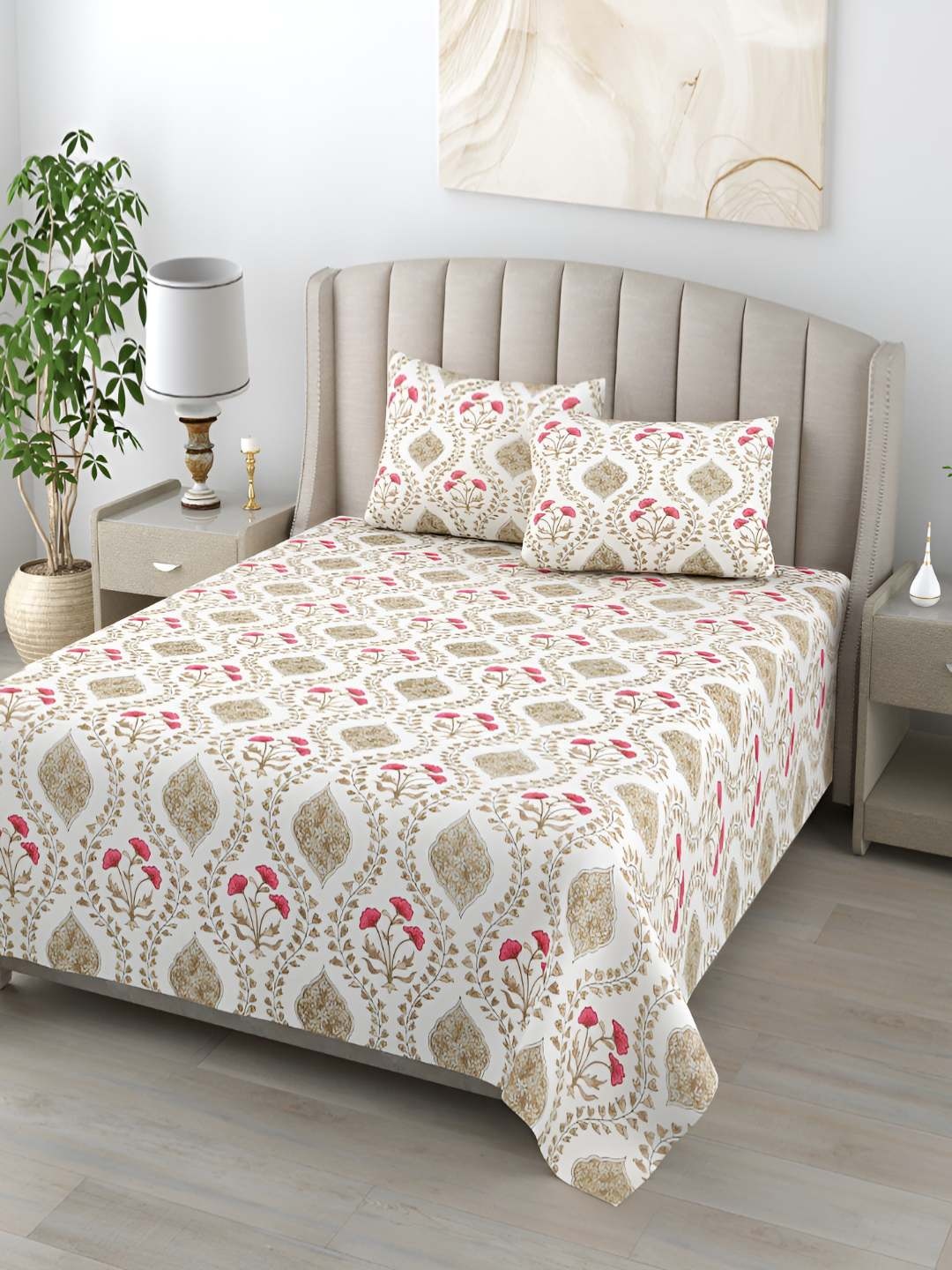

Jinaya's Anokhi Off white & Pink Floral 210 TC Pure Cotton King Bedsheet & 2 Pillow Covers