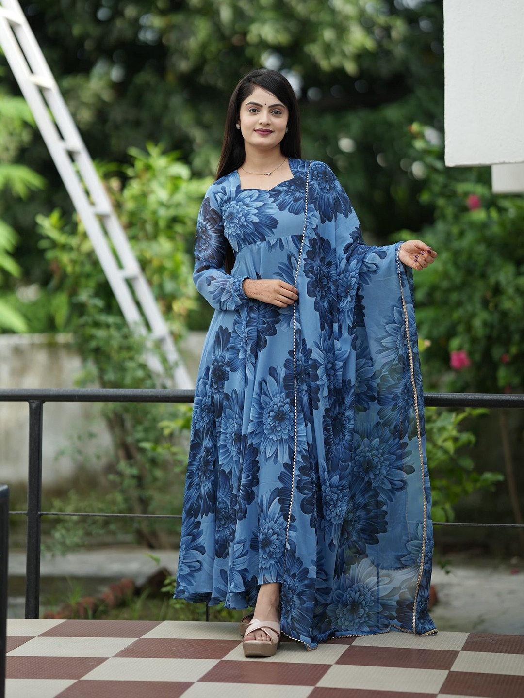 

LADY SHOPI Print Georgette Fit & Flare Maxi Dress, Navy blue