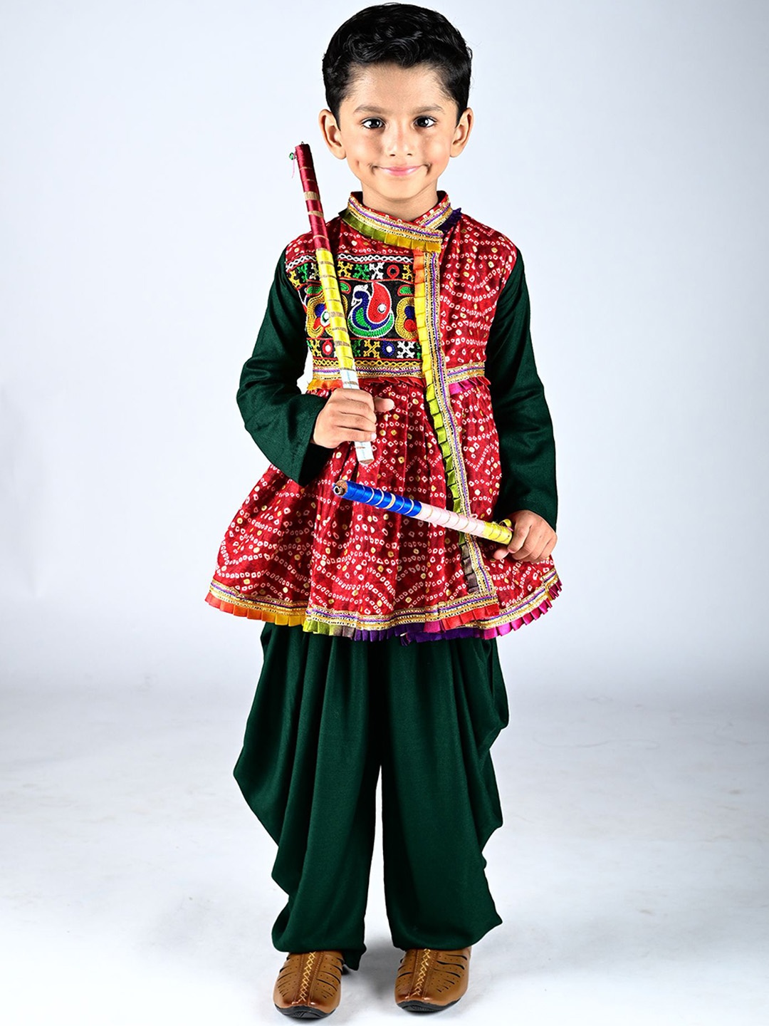 

AGLARE Boys Bandhani Printed Mirror Work Kurta with Dhoti Pants, Red