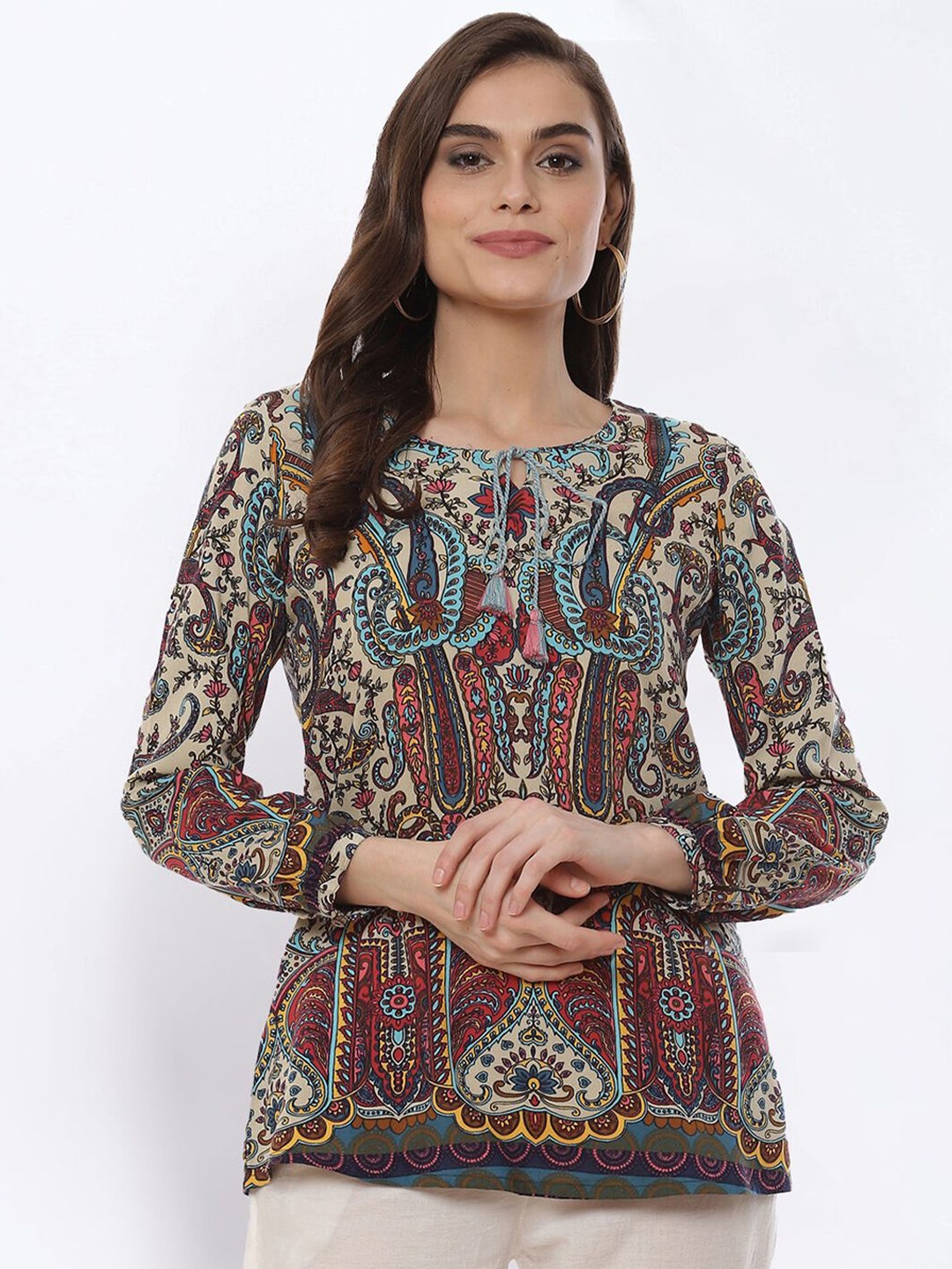 

Rangriti Women Paisley Printed Round Neck Top, Cream