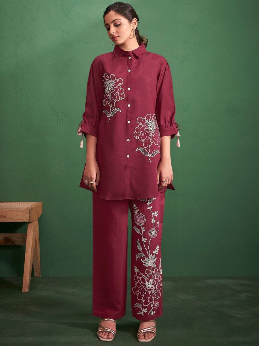 

AUTUMN LANE Floral Embroidered Shirt With Trousers, Maroon