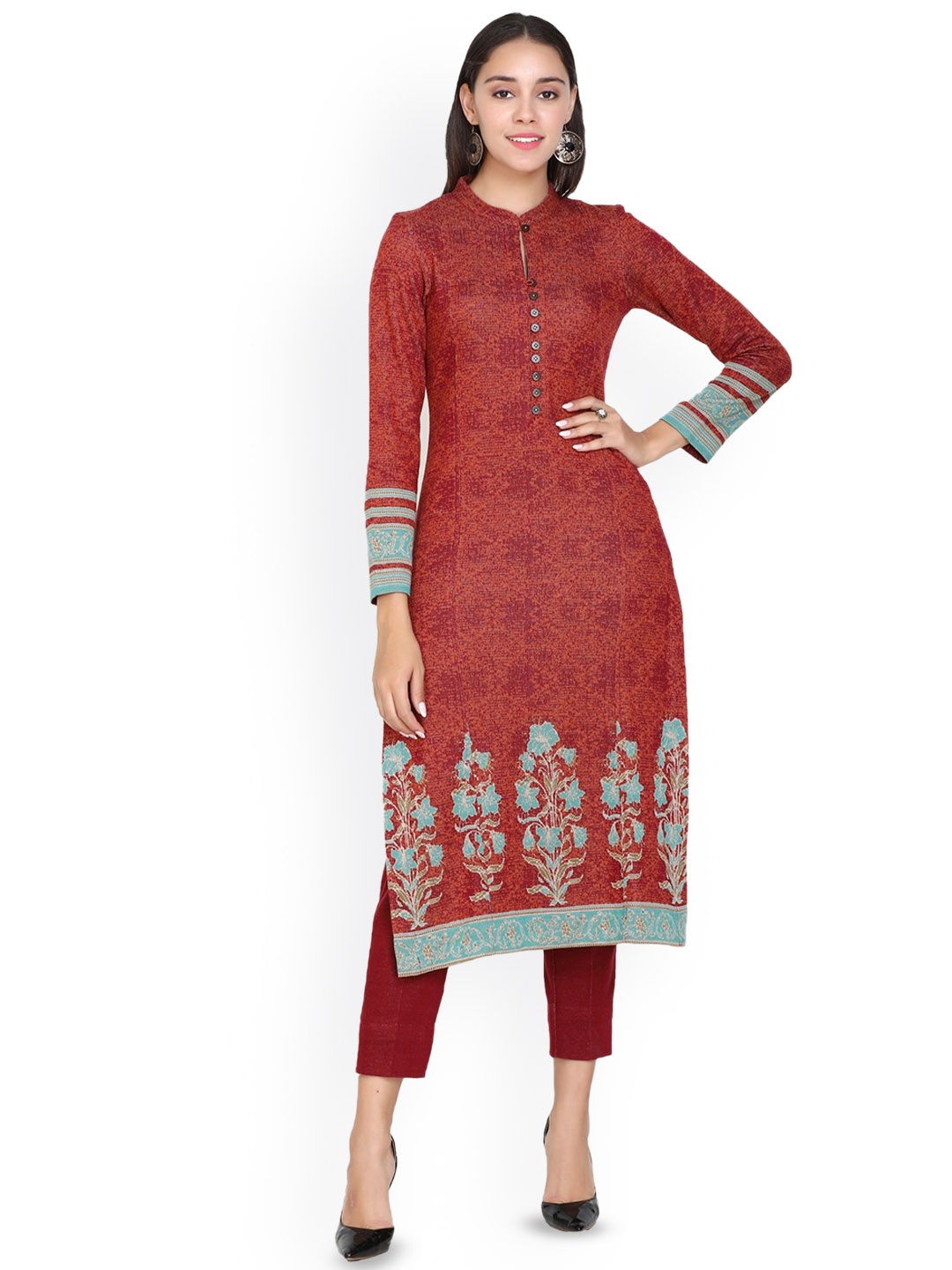 

STADO Floral Pure Wool Kurta with Trouser, Maroon