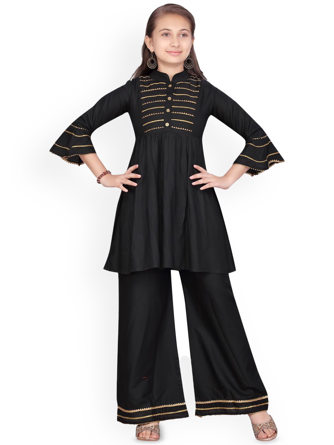 

BAESD Girls Striped A-Line Gotta Patti Pure Cotton Kurti with Palazzos, Black