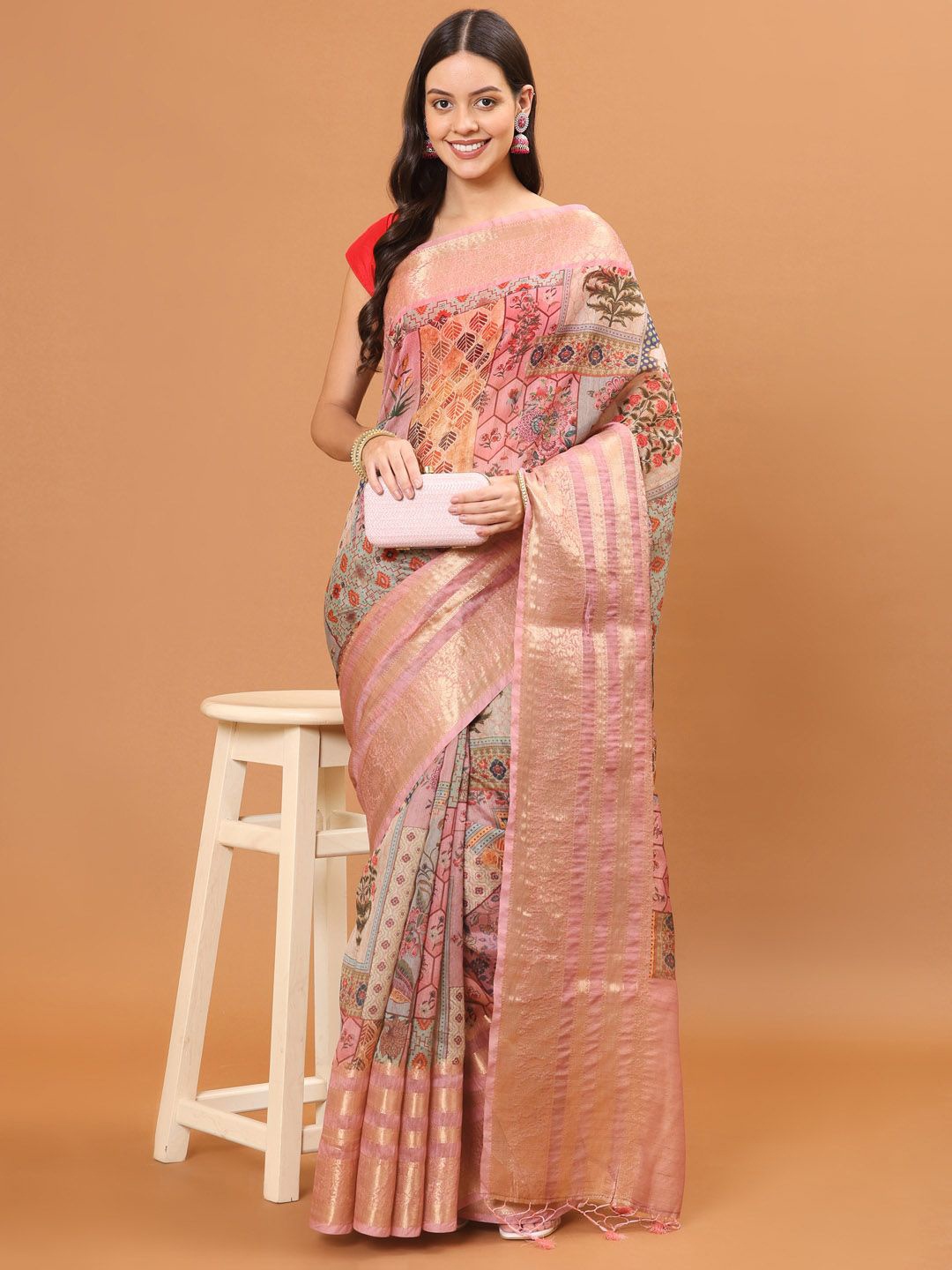 

Meena Bazaar Floral Printed Zari Saree, Pink