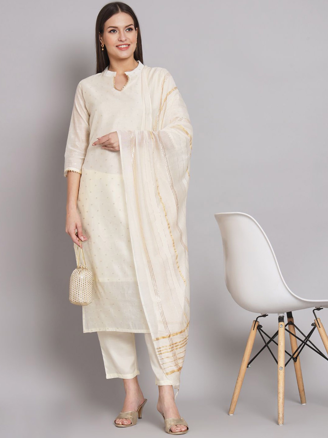 

VredeVogel Geometric Woven Design Gotta Patti Chanderi Silk Kurta With Trousers & Dupatta, Off white