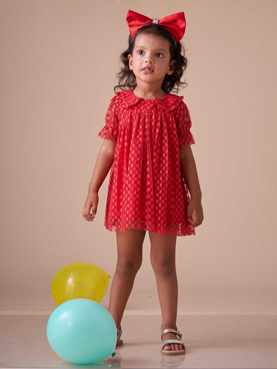 

KidsDew Girls Self Design Puff Sleeve A-Line Knee Length Dress, Red