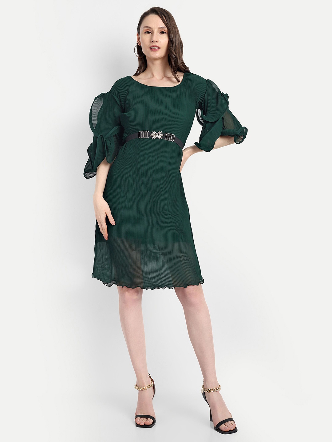 

HAUTEMODA Women Tunic Dress with BeltBell Sleeve Georgette Blouson Dress, Green