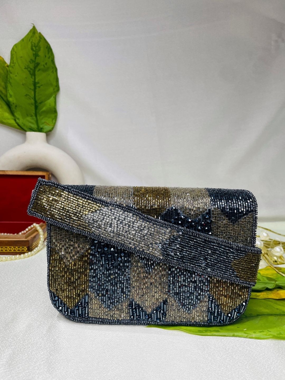 

trendy crafts Embellished Shoulder Strap Box Clutch, Grey