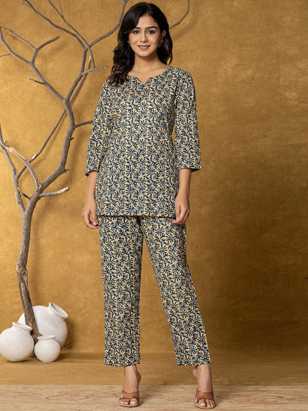 

Haute and Humble Printed Notch Neck Pure Cotton Tunic With Trouser, Blue