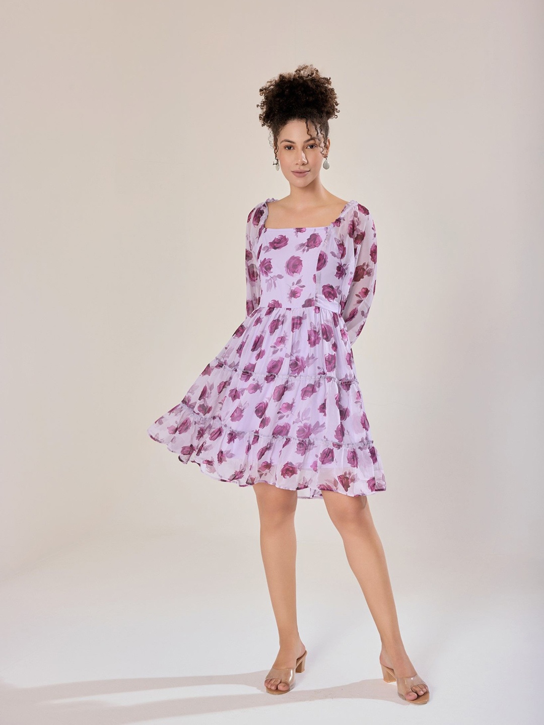 

Urban Sundari Floral Printed Puff Sleeve Georgette Fit & Flare Mini Dress, Purple