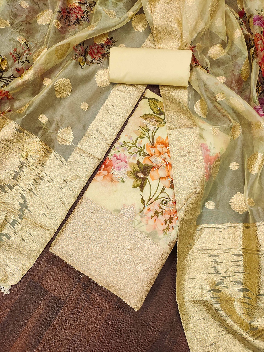

Ishin Floral Printed Organza Unstitched Dress Material, Beige