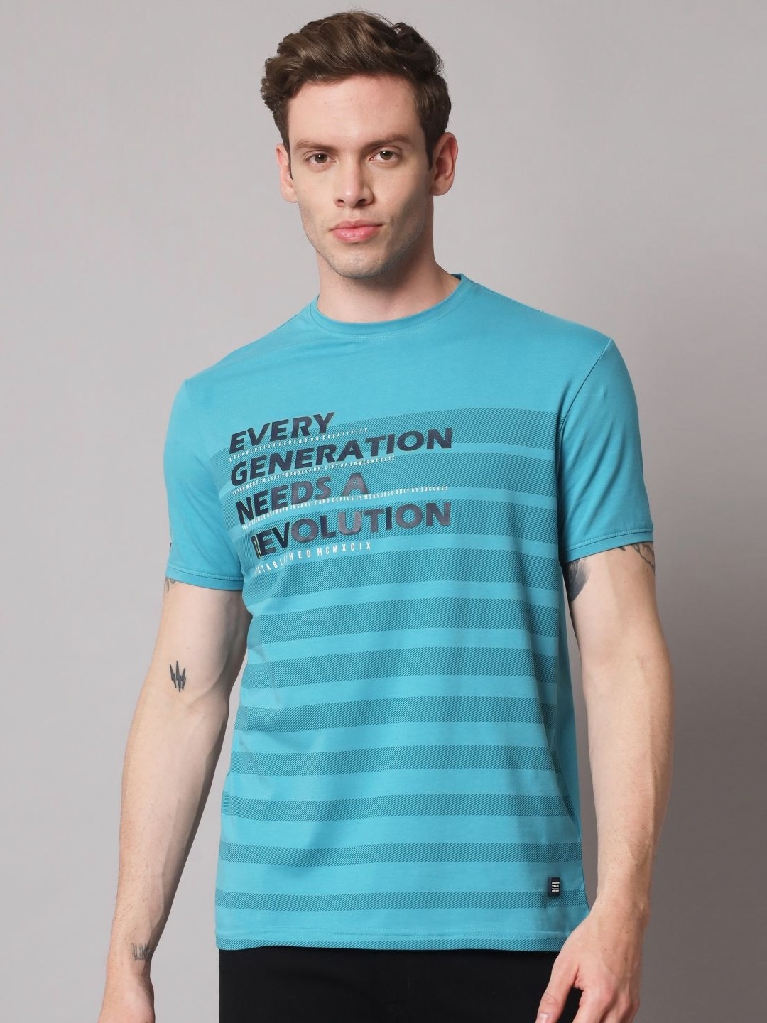 

URBAN TRAIL Men Typography Printed Round Neck Cotton T-shirt, Blue