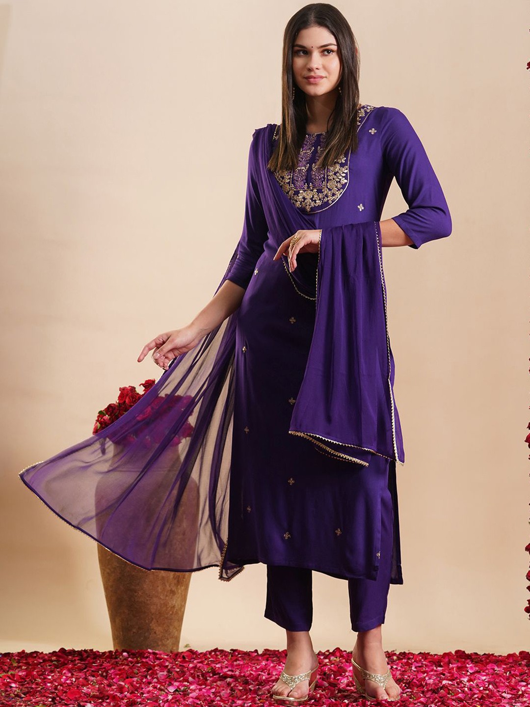 

KALINI Floral Embroidered Straight Kurta with Trousers & Dupatta, Purple