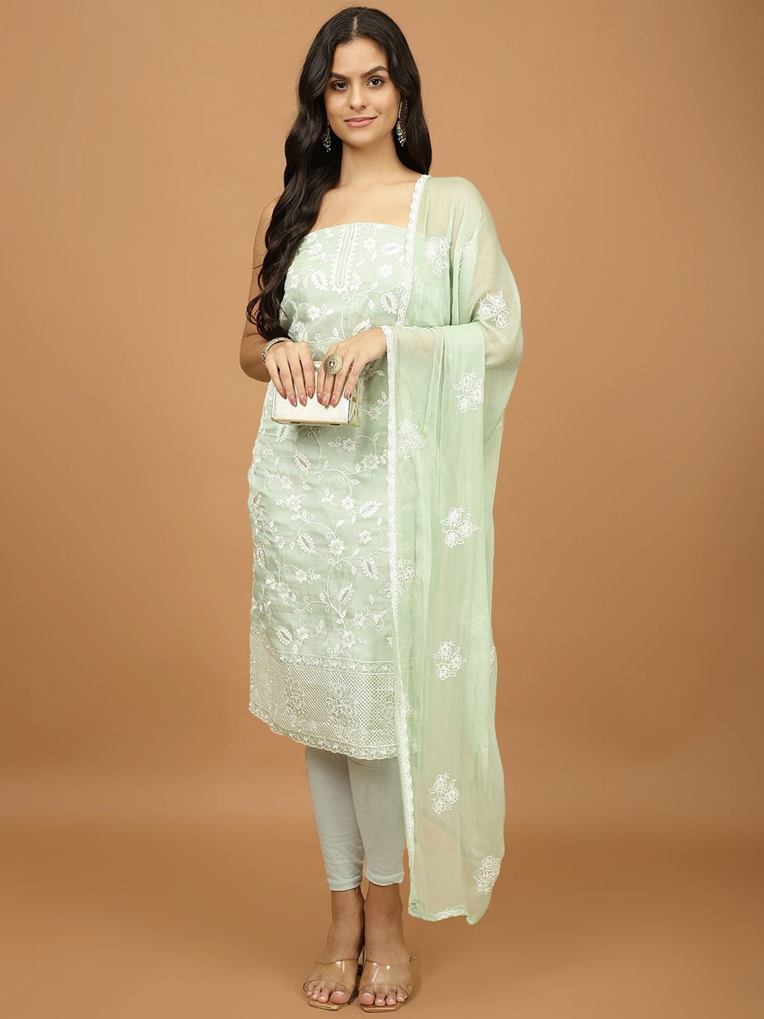 

Meena Bazaar Embroidered Thread Work Organza Unstitched Dress Material, Green