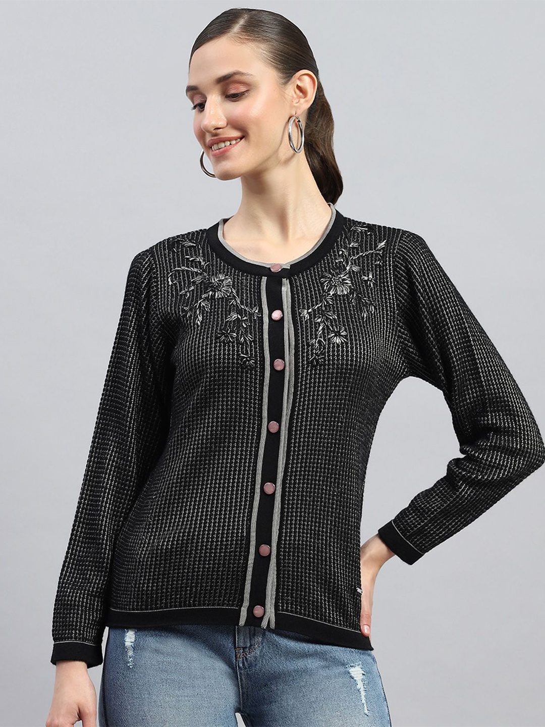 

Monte Carlo Women Embroidered Round Neck Woollen Cardigan, Black